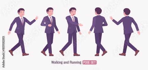 Stylish asian businessman in formal suit walk, run pose set. Male top manager elegant office interview outfit business look, mens fashion, confident executive. Vector flat style cartoon illustration