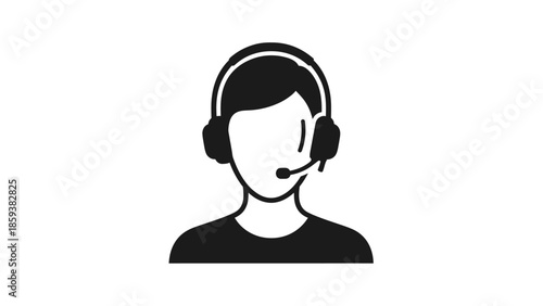 A front-facing black and white icon depicting a person wearing a headset microphone