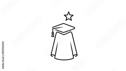 Line drawing of graduation regalia gown, mortarboard, and star, representing academic achievement