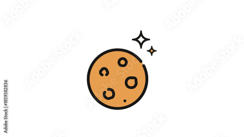 A cartoon illustration of a celestial body with craters, emitting a pair of star bursts