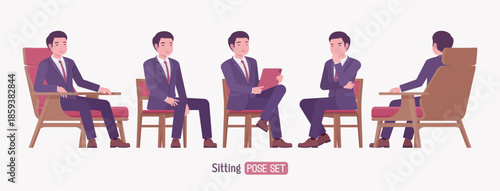 Stylish asian businessman in formal suit sitting pose set. Male top manager elegant office interview outfit business look, mens fashion, confident executive. Vector flat style cartoon illustration