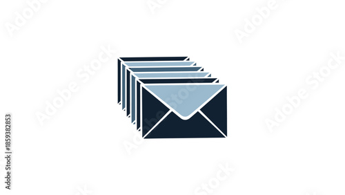 Stacked envelope illustration with varying shades of blue, angled, on white