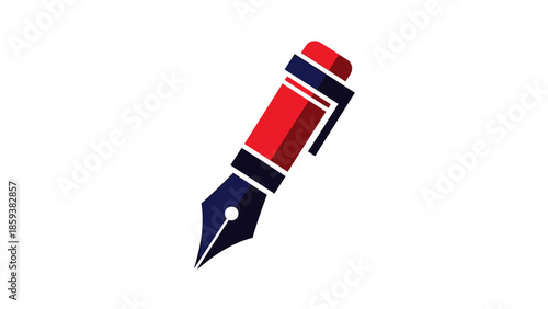 Stylized graphic of a fountain pen with angled barrel design in red, blue, and black