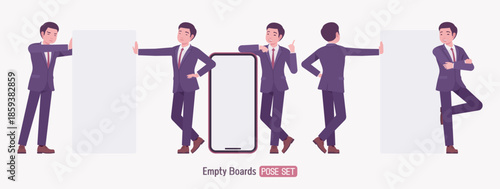 Stylish asian businessman near giant empty board, phone screen set. Male top manager elegant office interview outfit business look, fashion, confident executive. Vector flat style cartoon illustration