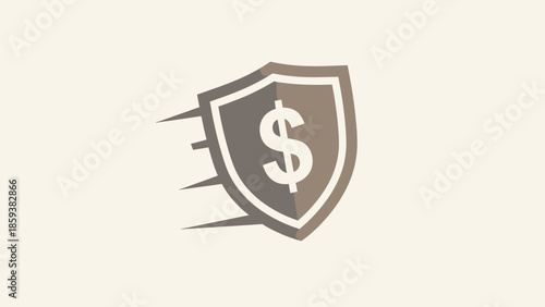 Shield with a dollar symbol, speed lines, in shades of brown on a beige background