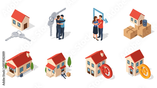 Isometric real estate concepts with couples, keys, and houses