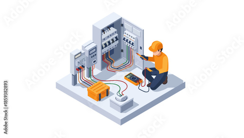 Electrician working on control panel in modern isometric design