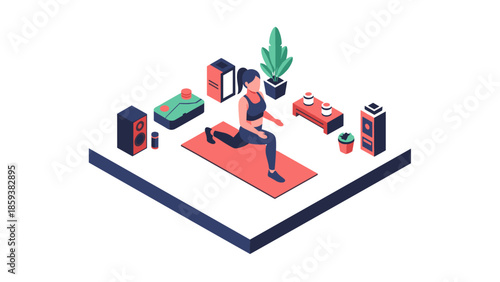 Isometric home workout scene with woman exercising in stylish room interior