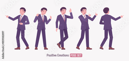 Stylish asian businessman formal suit positive emotions pose set. Male top manager elegant office interview outfit business look, fashion, confident executive. Vector flat style cartoon illustration