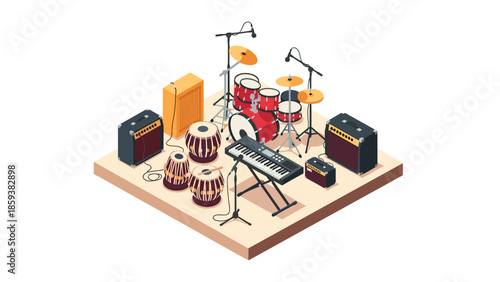 Isometric music band setup with drums, speakers, and microphones on stage