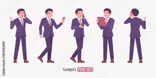 Stylish asian businessman in formal suit using gadgets pose set. Male top manager elegant office interview outfit business look, fashion, confident executive. Vector flat style cartoon illustration