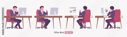 Stylish asian businessman in formal suit working at desk pose set. Male top manager elegant office interview outfit business look, busy confident executive. Vector flat style cartoon illustration