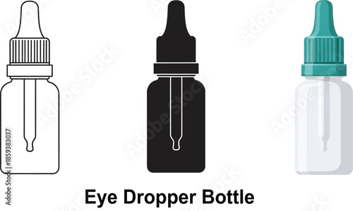 Set of eye dropper bottles medical and cosmetic liquid dispenser icons in outline silhouette and flat design styles isolated on white background