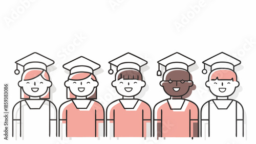 Diverse group of people wearing graduation caps smiling together