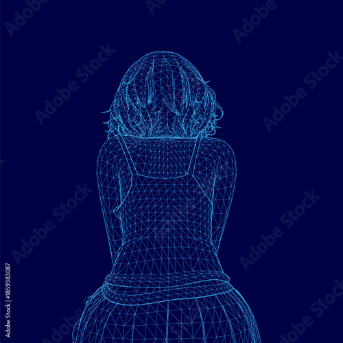 A wireframe girl facing away wears a detailed dress composed of intricate lines and shapes. The blue background provides stark contrast to the figure.