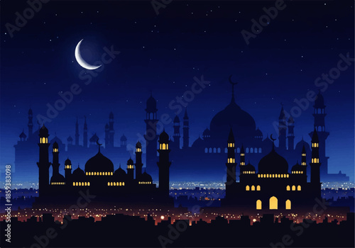 Vector flat design illustration of a mosque silhouette at night with crescent moon and city lights in a dark blue sky.
