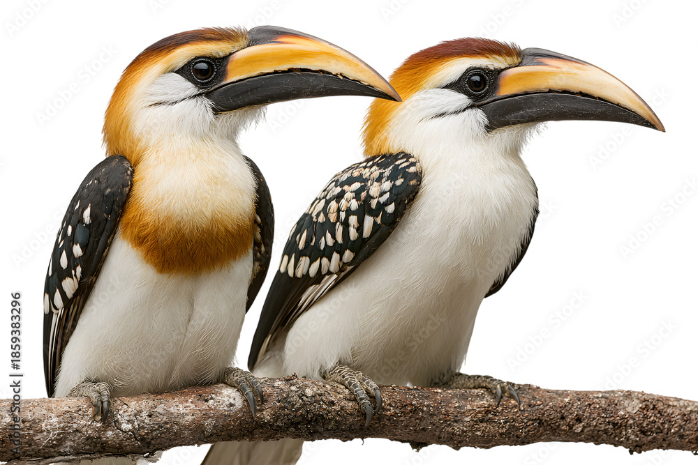 Fototapeta premium Two hornbills couple stiting on a branch, romantic Valentine concept.