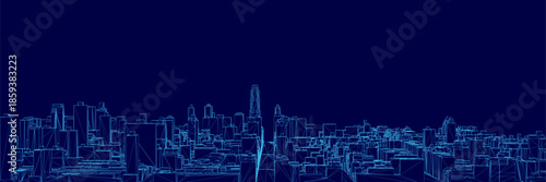 A wireframe city blueprint on a dark blue background features white building outlines in stark contrast. This conceptual design represents urban planning and futuristic architecture.