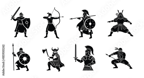 Ancient warriors in silhouette archers swordsmen and spearmen in battle formation