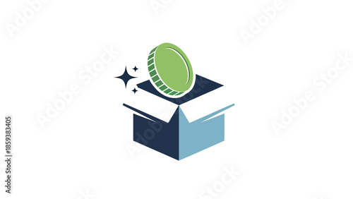 A green coin falls into an open box, next to a sparkling effect, against a white background