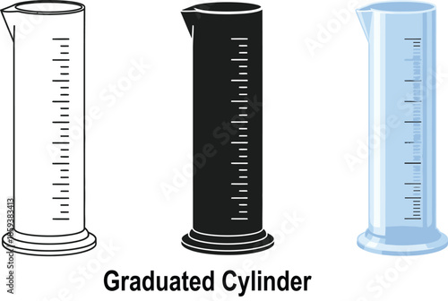 Collection of graduated cylinders in outline silhouette and realistic styles representing laboratory equipment for measurement and science education isolated on white
