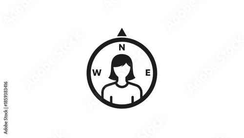 A stylized compass incorporates the silhouette of a woman, with North indicated by a triangle