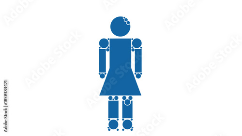 Abstracted figure composed of geometric shapes. Blue on white, reminiscent of restroom signs