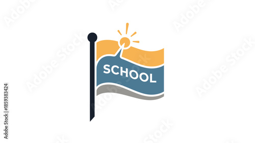 A school logo depicts a flag with sun and text; orange, blue, and grey; pole is black