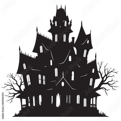 Spooky haunted house silhouette with bare trees on white background