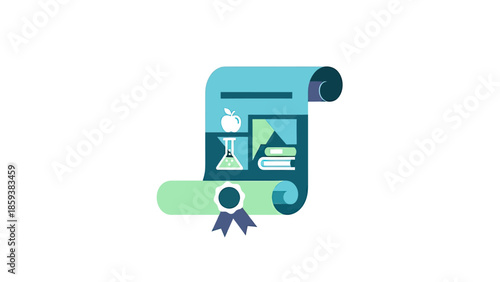 A stylized diploma icon with education-themed elements apple, flask, books, and seal