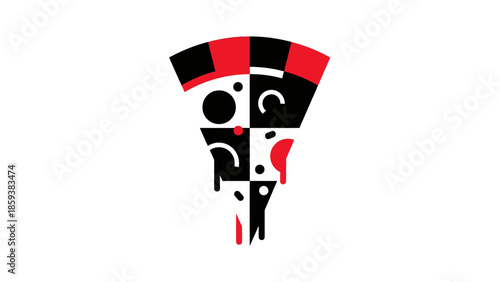 Abstract slice of pizza illustration with geometric shapes, red, black, and white