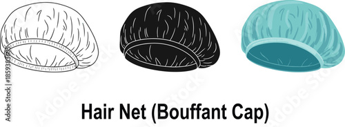 Collection of hair nets and bouffant caps in outline solid black and teal colors representing hygiene and protection for various industries