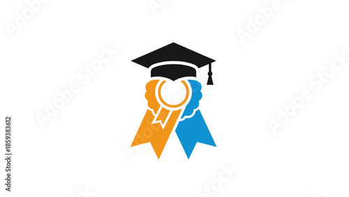 Graphic of a graduation mortarboard over ribbons in orange, blue, and black