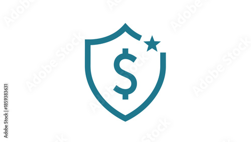 Teal shield icon with dollar sign and star on white background. Financial security concept