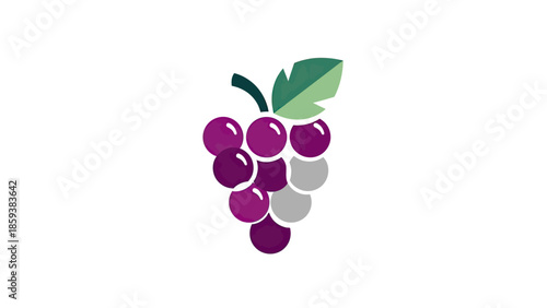 A stylized illustration of a bunch of grapes with a leaf on a white background