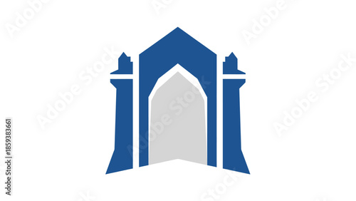 Stylized architectural design with blue and gray geometric shapes on a white background