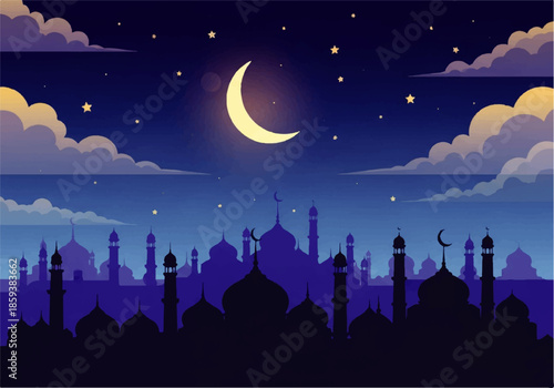 Vector flat design illustration of a serene nighttime cityscape with a crescent moon, stars, and clouds, featuring a silhouette of mosques and minarets against a dark blue sky.