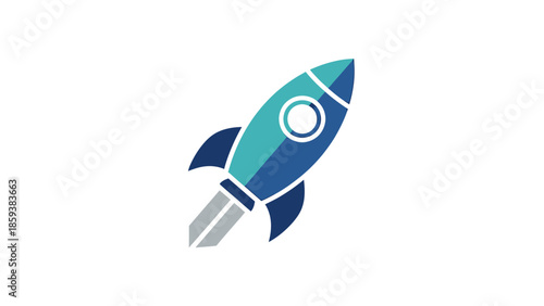 A stylized rocket ship in shades of blue and teal against a white background, ascending