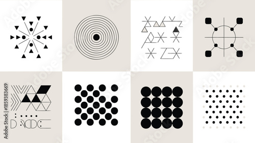 Collection of abstract black and white geometric patterns and shapes in minimalist modern design for background decoration