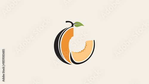 A sliced stylized cantaloupe with a stem and leaf, on a neutral background