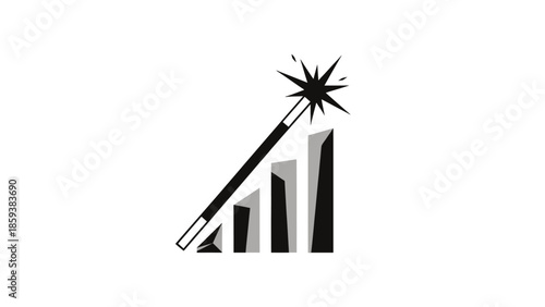A black and white graphic depicting a magic wand over a growing bar graph