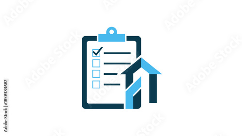 A blue and navy checklist with a house shaped icon, representing real estate