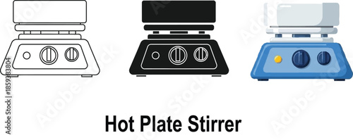 Collection of hot plate stirrer icons representing laboratory equipment in outline silhouette and color styles for scientific illustration