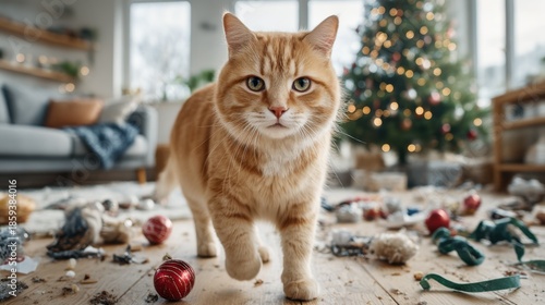 A ginger cat walks confidently across the room, destroying the Christmas decor - a cheerful mess against the backdrop of the tree.