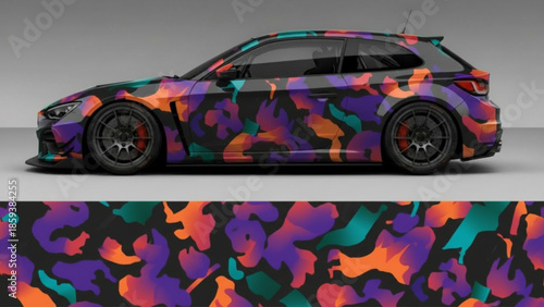 Side view of a custom-wrapped car featuring a vibrant abstract camouflage pattern in purple, orange, teal, and black, with a matching pattern strip below.