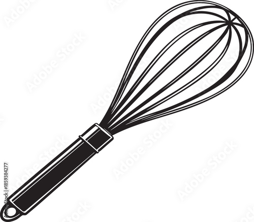 Balloon Whisk Silhouette – Black Line Vector Illustration Featuring Loop Wire Design and Realistic Handle