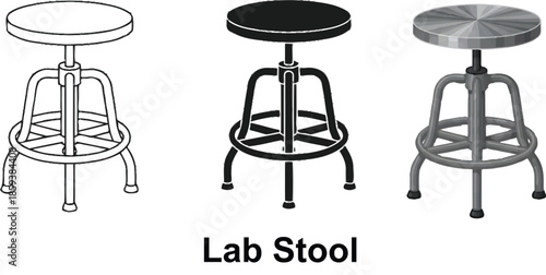 Set of three industrial lab stools line art silhouette and metallic rendering perfect for workshop or studio design elements