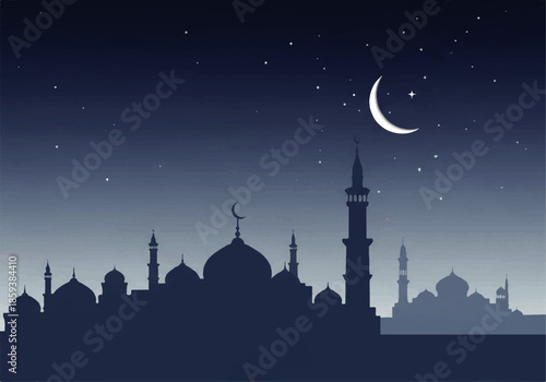 Vector flat design illustration of a mosque silhouette at night with a crescent moon and stars in a dark blue gradient sky.
