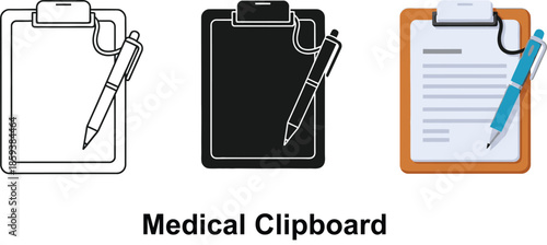 Collection of medical clipboard icons representing patient records and doctors notes in flat and outline styles for healthcare applications