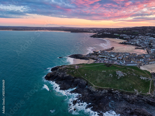 Vibrant twilight elevated capture of St Ives town, bay and beaches in Cornwall, UK